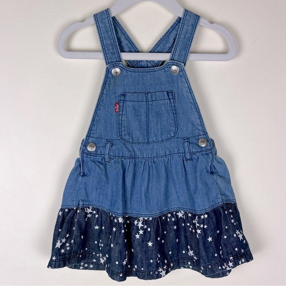 Levi’s | Girl’s Americana Denim Overall Jumper Dress Star Printed Ruffle | 18M - Picture 1 of 9